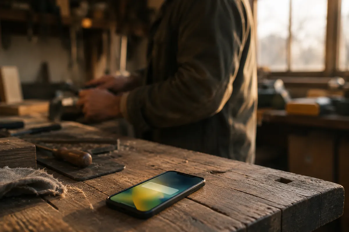 A phone lighting up with a new message on a workbench while its owner works
